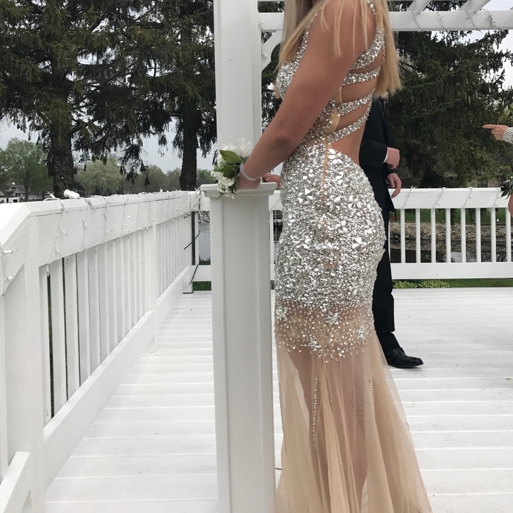 fully beaded Jovani prom dress with mesh bottom